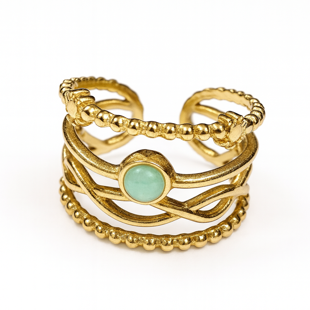 Bague Émeraude Dorée ajustable en métal doré avec pierre verte et design ajouré pour femme.