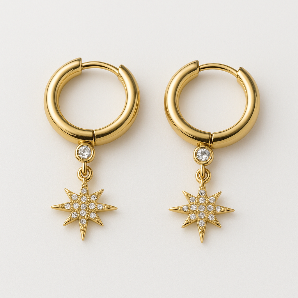Boucles d'oreilles Stella en acier inoxydable doré avec pendentif étoilé serti de zircons, bijou élégant et lumineux, hypoallergénique et résistant à l'eau.