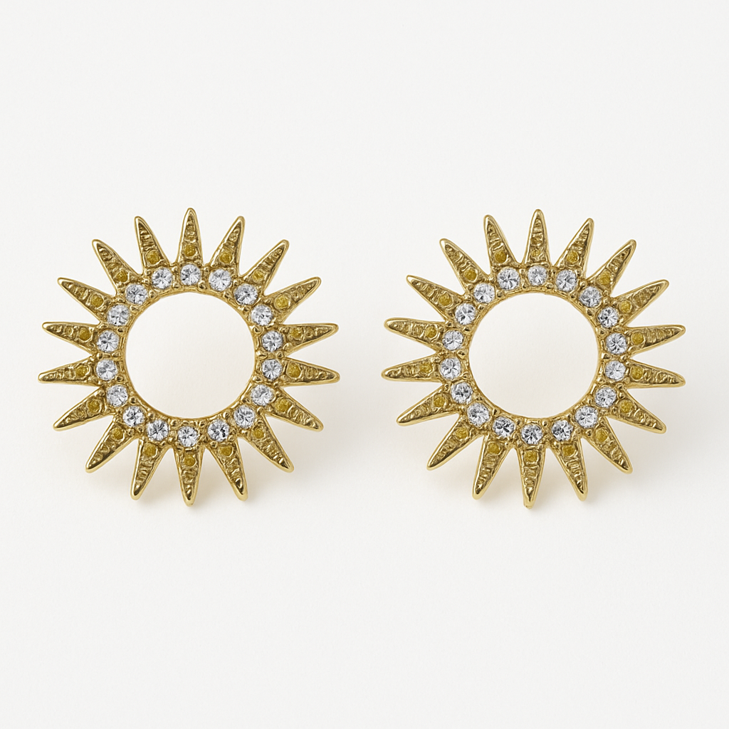 Boucles d'oreilles Solara en acier inoxydable doré, design soleil éclatant avec zircons, bijou élégant et lumineux, hypoallergénique et résistant à l'eau.
