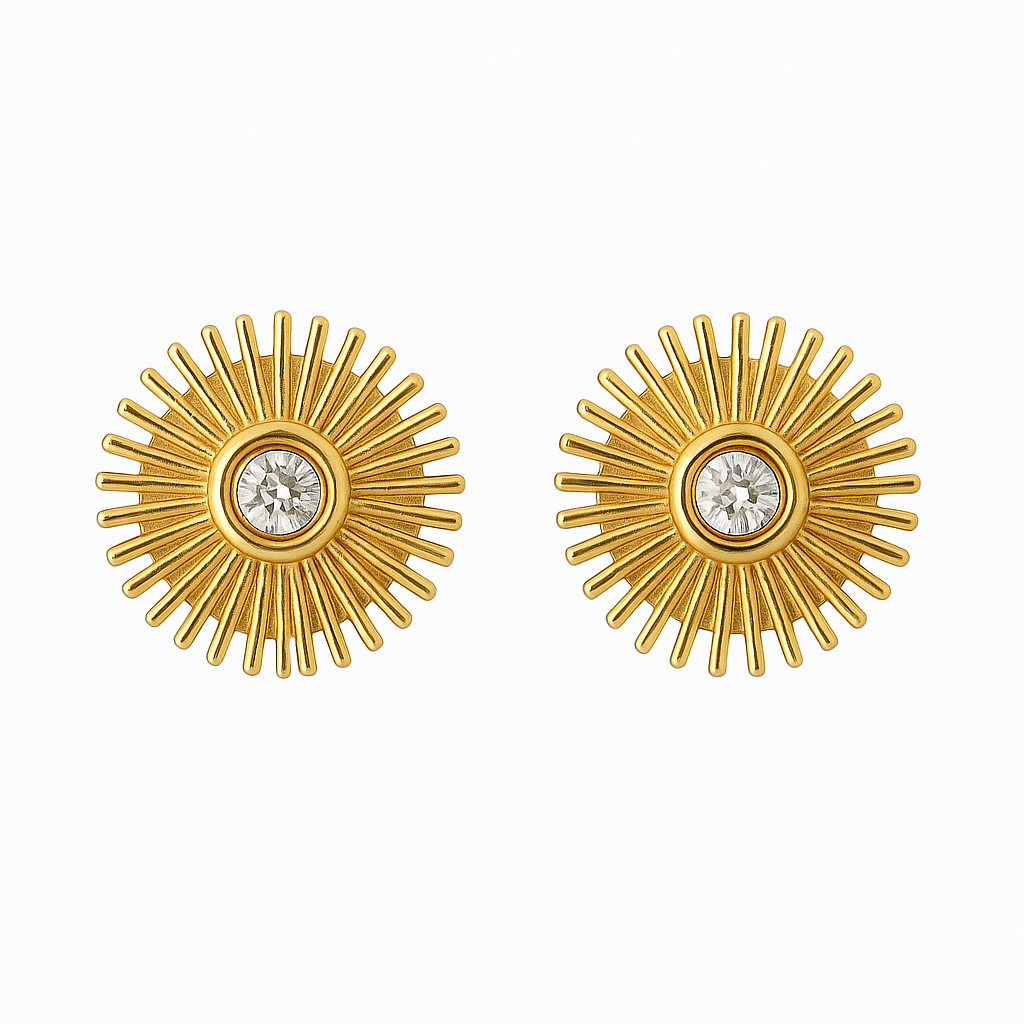 Boucles d'oreilles Solaris en acier inoxydable doré, design soleil rayonnant avec zircon central, bijou élégant et lumineux, hypoallergénique et résistant à l'eau.