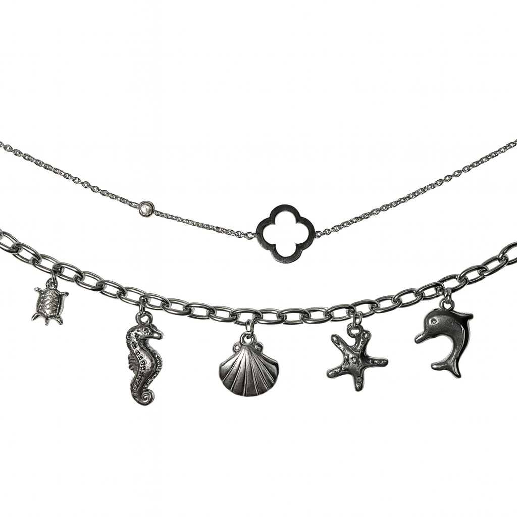 Bracelets argentés en acier inoxydable avec charms marins — tortue, hippocampe, coquillage, étoile de mer et dauphin — bijoux tendance pour femme.