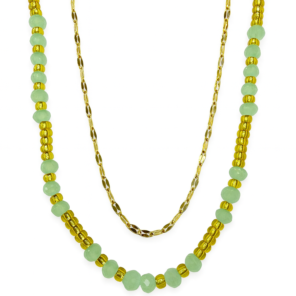 Collier Verde Doré à double rang avec perles vert jade et perles dorées, bijou doré lumineux pour femme.