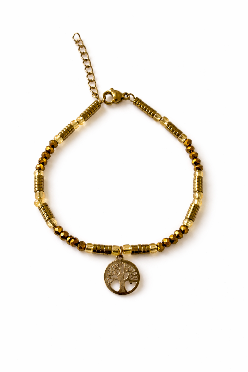 Bracelet Perles Métalliques et Pendentif Arbre de Vie – Style Bohème Chic