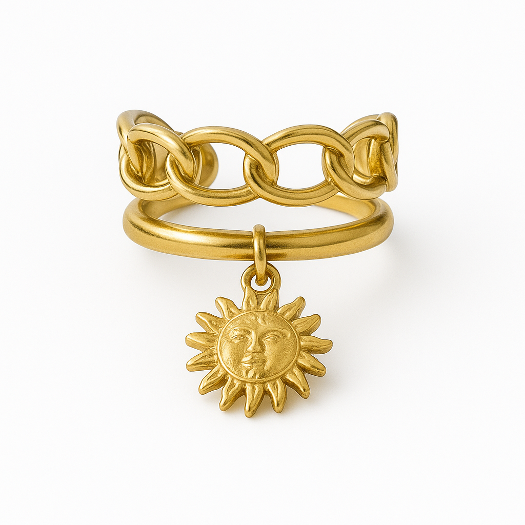 Bague dorée ajustable en acier inoxydable avec pendentif soleil et maillons