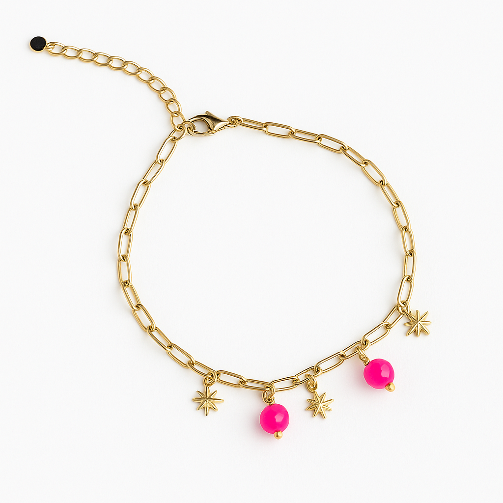 Clara - Bracelet de cheville en acier inoxydable doré avec pendentifs étoiles et perles roses