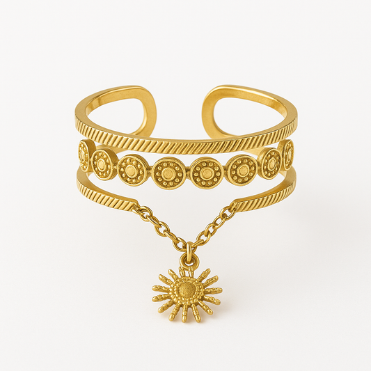 Bague dorée avec chaine soleil en acier inoxydable 