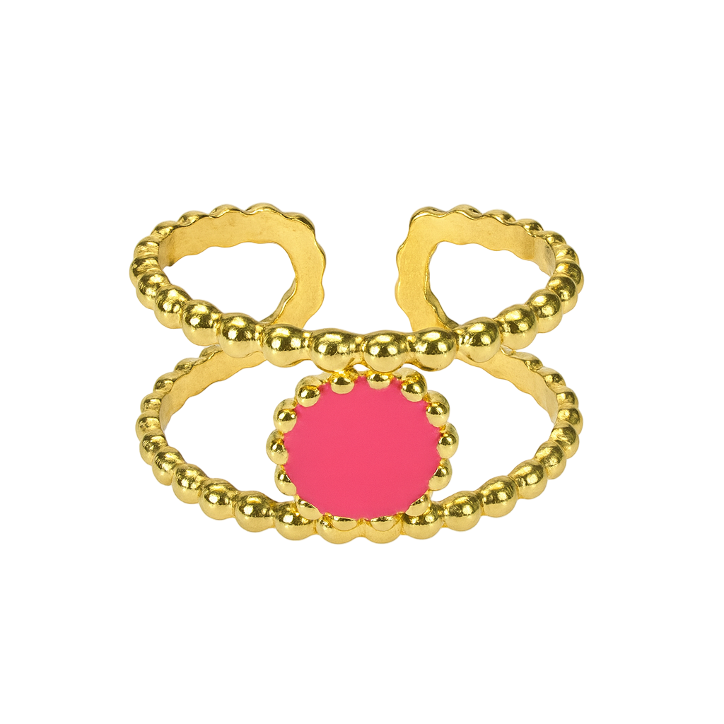 Bague dorée en acier inoxydable avec double anneau perlé et cabochon rond rose, bijou tendance pour femme.