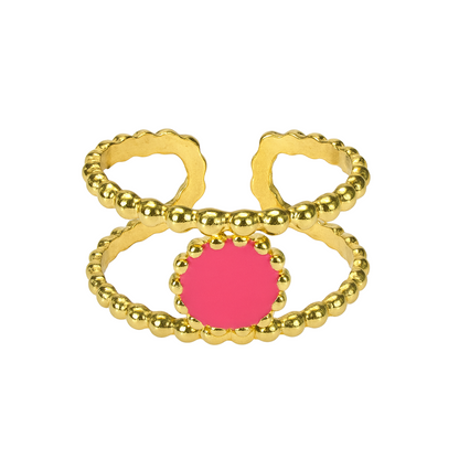 Bague dorée en acier inoxydable avec double anneau perlé et cabochon rond rose, bijou tendance pour femme.