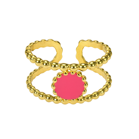 Bague dorée en acier inoxydable avec double anneau perlé et cabochon rond rose, bijou tendance pour femme.