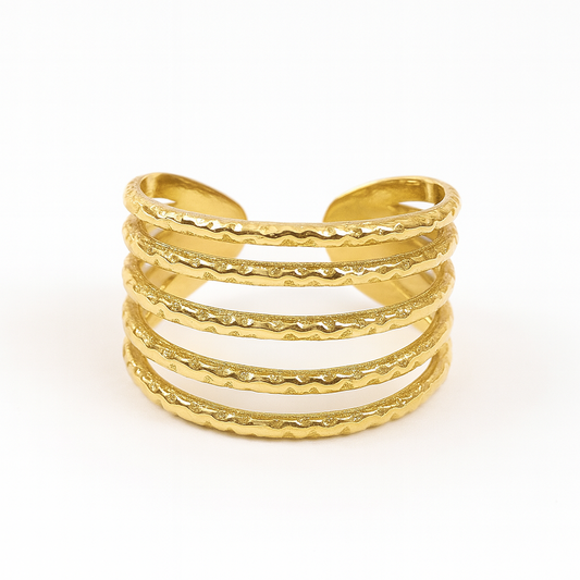 Bague manchette dorée ajustable à design multi-anneaux texturés pour femme.