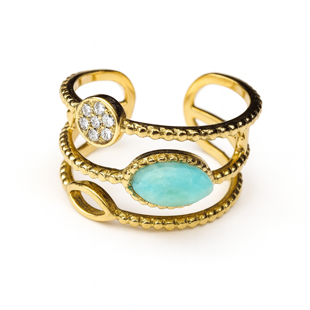 Bague Océan Doré ajustable en métal doré avec pierre turquoise ovale et zircons brillants pour femme.