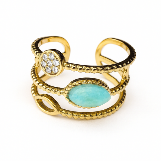 Bague Océan Doré ajustable en métal doré avec pierre turquoise ovale et zircons brillants pour femme.