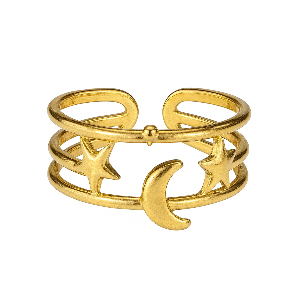 Bague Célestia Dorée ajustable en métal doré avec motifs lune et étoiles pour femme.
