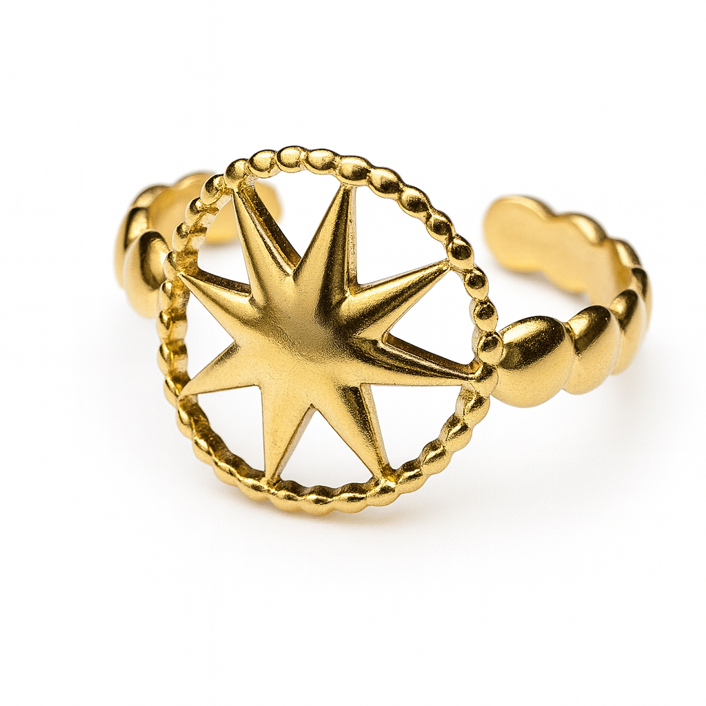 Bague Stella Dorée ajustable en métal doré à motif étoile à huit branches pour femme.