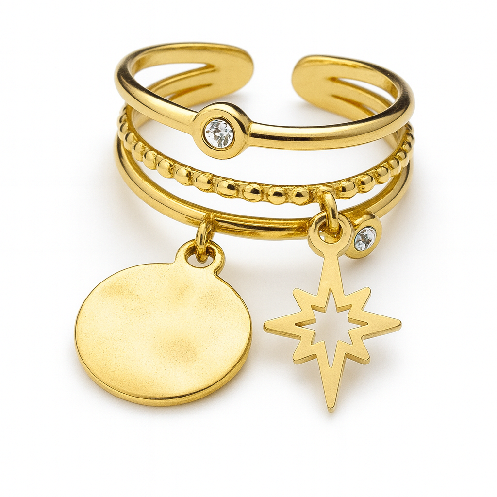 Bague dorée en acier inoxydable avec charms pendentifs étoile et disque, ornée de zirconiums, bijou tendance pour femme.