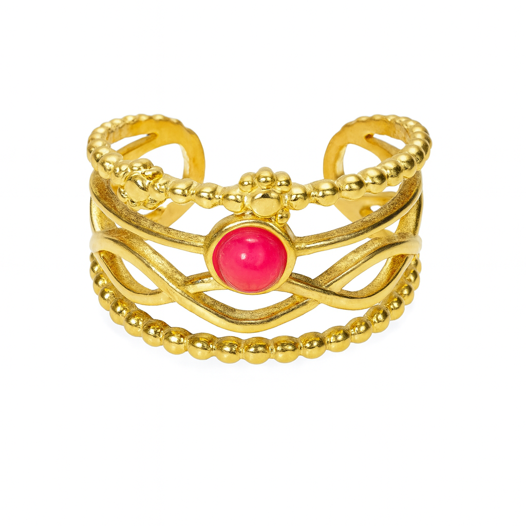 Bague Rosée Dorée ajustable en métal doré avec pierre rose centrale et design ajouré pour femme.
