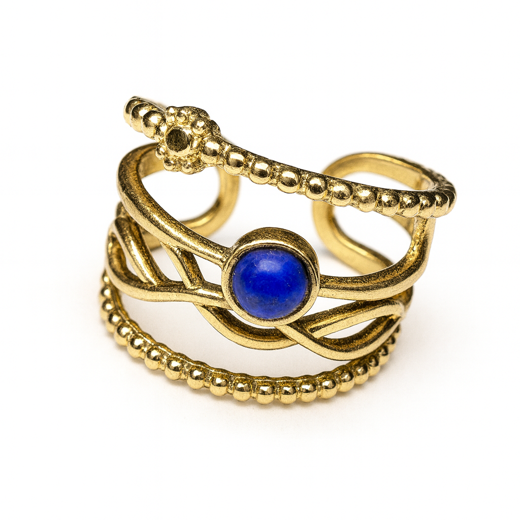 Bague Azur Doré ajustable en métal doré avec pierre bleue type lapis-lazuli et design ajouré élégant pour femme.