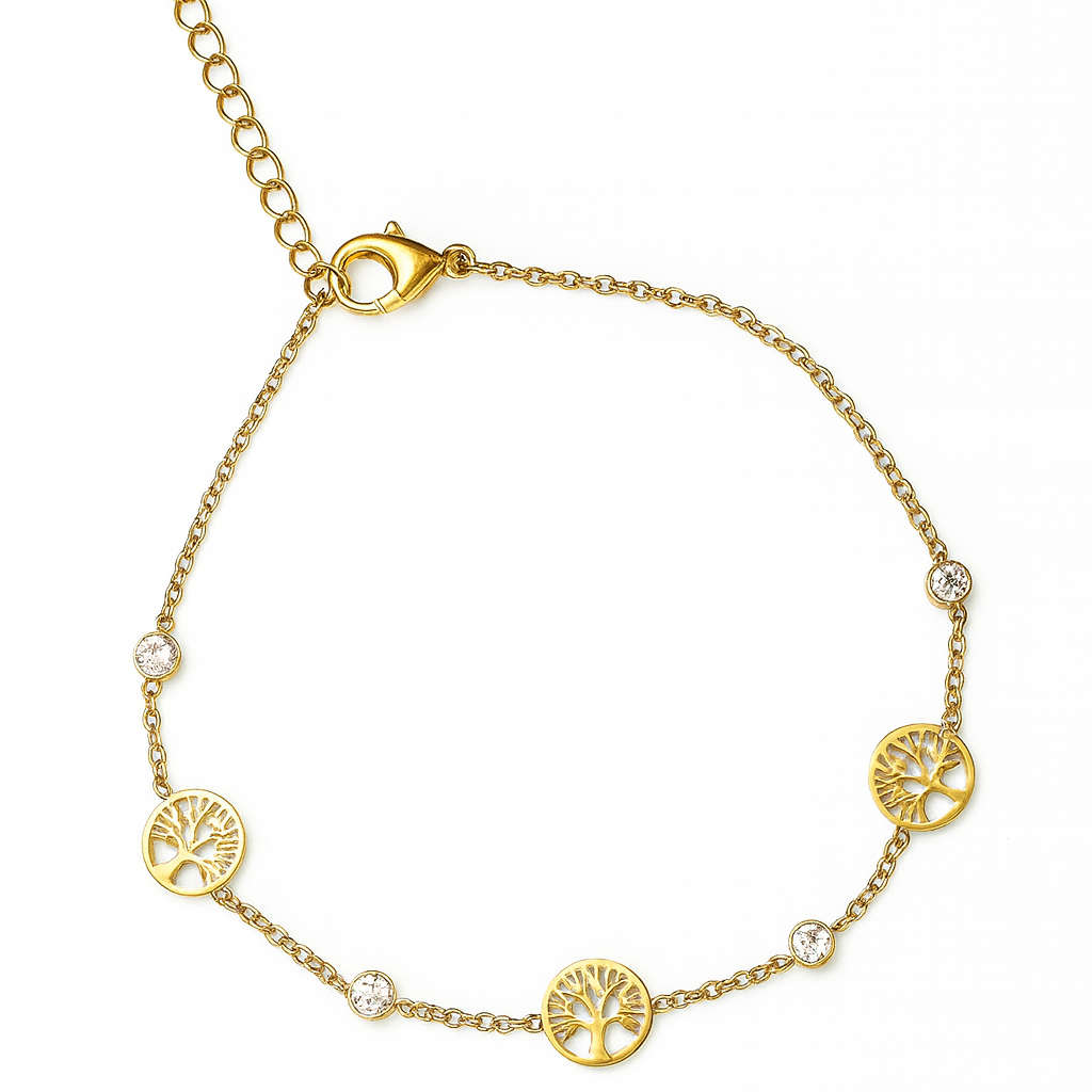 Bracelet doré en acier inoxydable avec pendentifs arbre de vie et zirconiums, bijou symbolique et raffiné pour femme.