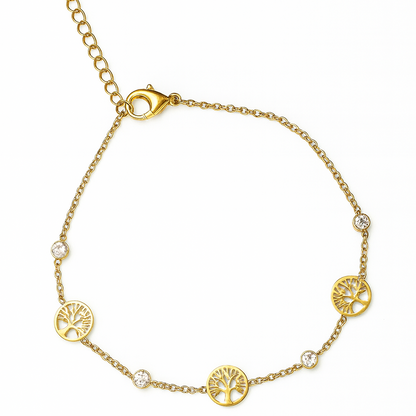 Bracelet doré en acier inoxydable avec pendentifs arbre de vie et zirconiums, bijou symbolique et raffiné pour femme.
