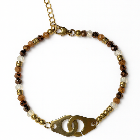 Bracelet en acier inoxydable doré avec perles facettées marron et nacrées, orné d’un motif de maillons entrelacés, bijou élégant et bohème pour femme.