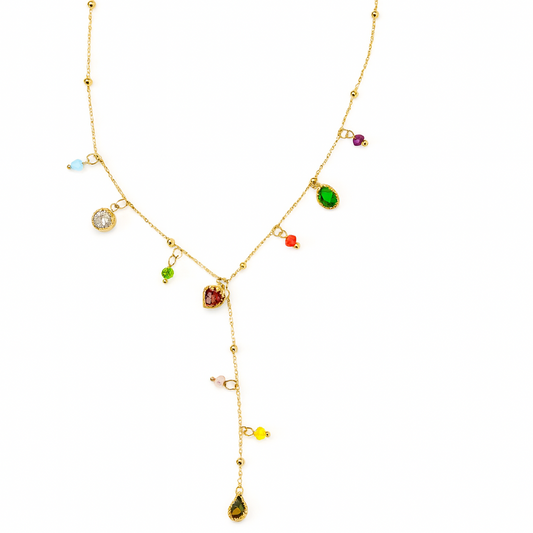 Collier Aurora Doré en métal doré avec pierres multicolores et pendentifs goutte pour femme.