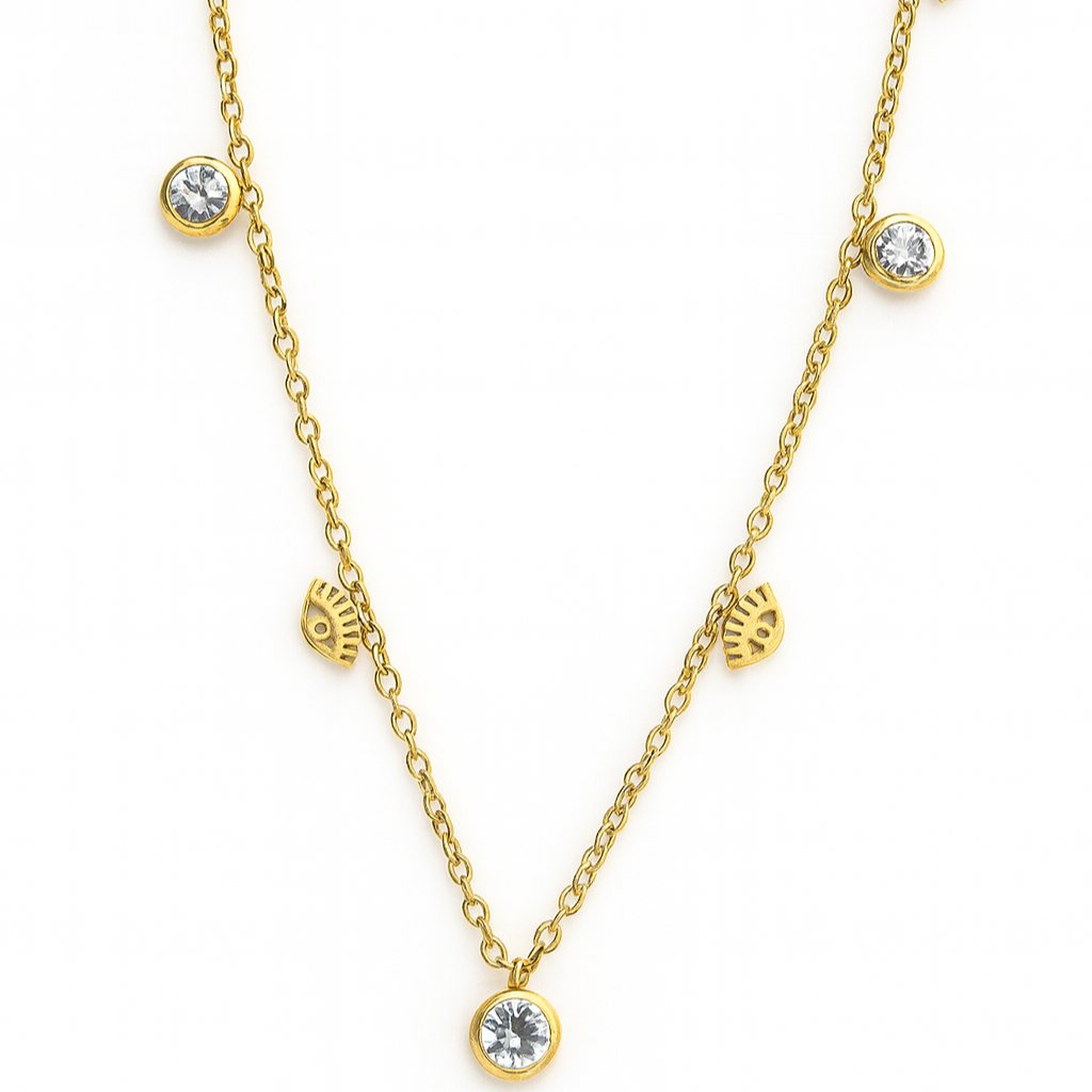 Collier doré en acier inoxydable avec pampilles coquillage et zirconiums, bijou raffiné pour femme.