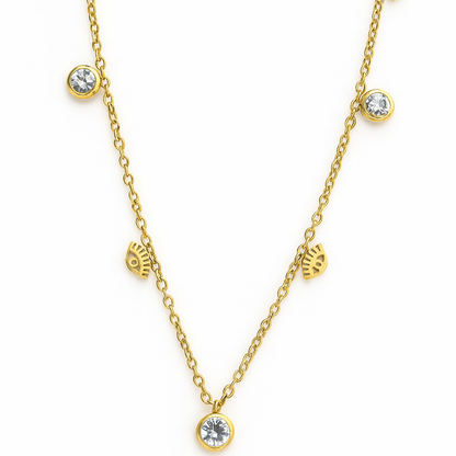 Collier doré en acier inoxydable avec pampilles coquillage et zirconiums, bijou raffiné pour femme.