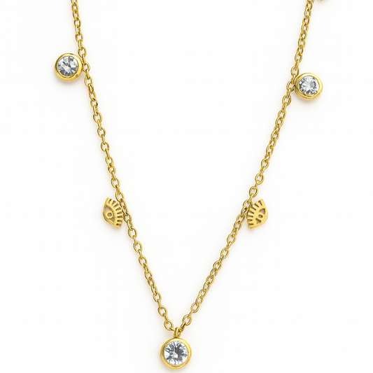 Collier doré en acier inoxydable avec pampilles coquillage et zirconiums, bijou raffiné pour femme.