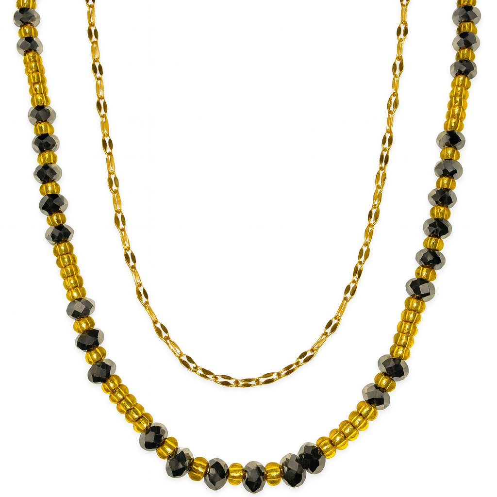 Collier Nero Doré à double rang avec perles noires facettées et perles dorées, bijou élégant et chic pour femme.