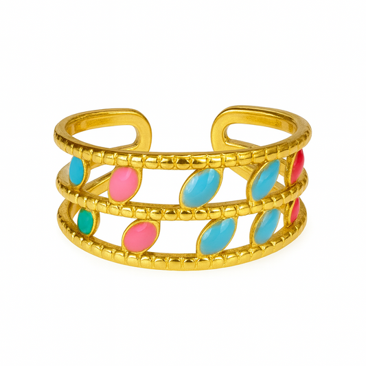 Bague dorée en acier inoxydable ornée de détails en émail coloré bleu, rose et vert, bijou fantaisie moderne pour femme.