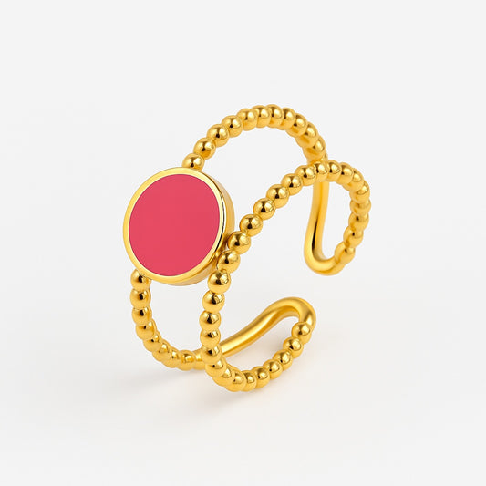 Bague dorée avec émail rose en acier inoxydable
