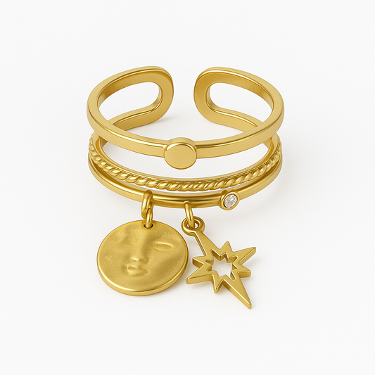Bague dorée avec breloques étoile et disque en acier inoxydable
