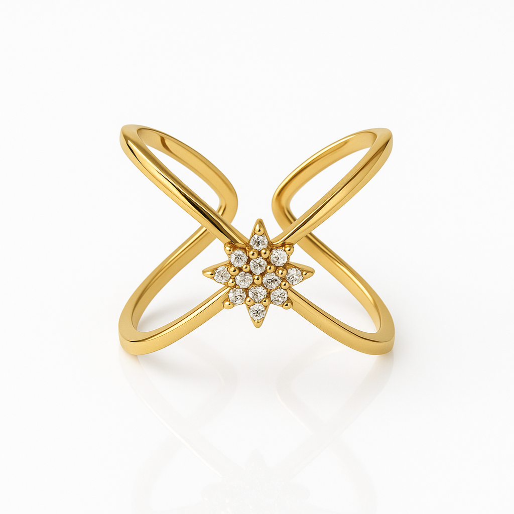 Bague dorée avec étoile pavée en acier inoxydable