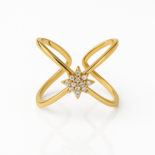 Bague dorée avec étoile pavée en acier inoxydable