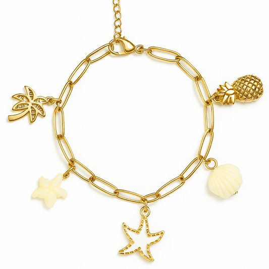 Bracelet en acier inoxydable charms tropical, bijou doré orné de breloques palmier, étoile de mer, coquillage et ananas.