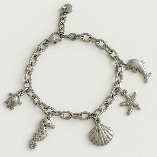 Bracelet Ocean Charms en acier inoxydable argenté avec breloques marines : dauphin, étoile de mer, hippocampe, tortue et coquillage. Élégant, hypoallergénique et résistant à l'eau.

