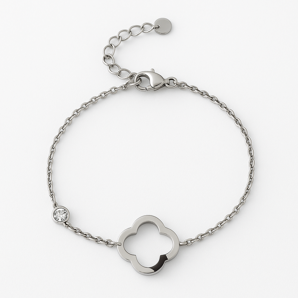 Bracelet Trèfle Argenté en acier inoxydable avec pendentif trèfle et zircon, bijou minimaliste et raffiné, hypoallergénique et résistant à l'eau.

