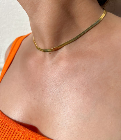 Collier en acier inoxydable doré avec une maille serpent, porté autour du cou féminin. Bijou élégant et intemporel de la collection Bisou Bijoux Paris.

