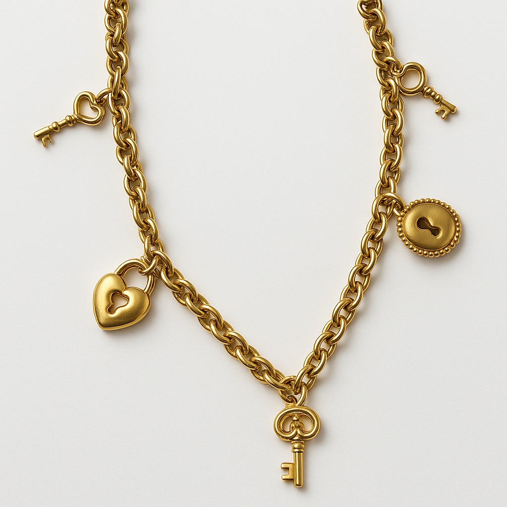 Collier Charms Key en acier inoxydable doré avec pendentifs clés, cadenas et cœur, bijou élégant et intemporel, hypoallergénique et résistant à l'eau.
